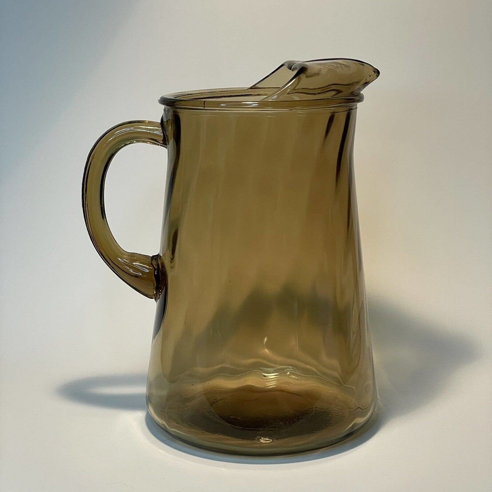 Vintage Indiana Glass Pitcher Optic Amber Swirl Pattern With Ice Lip